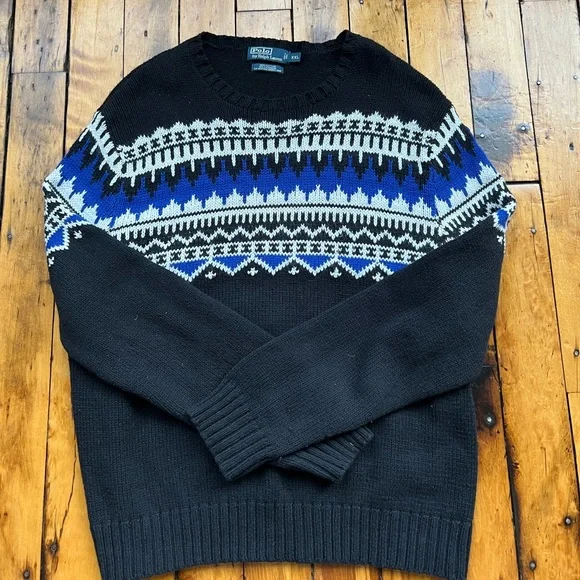 VTG Polo Ralph Lauren Men’s 2XL Black Cotton Cashmere Angora Fair Isle Sweater - Picture 3 of 8